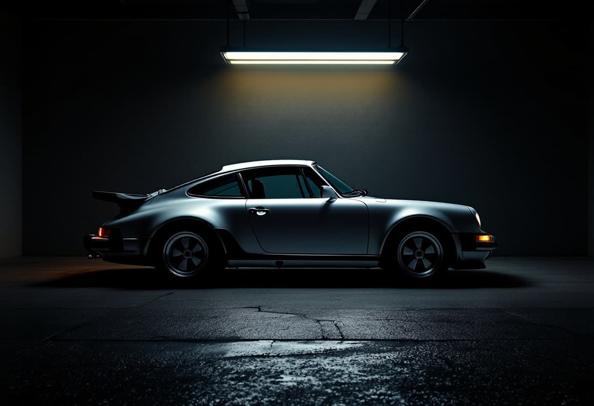 Porsche 911 im Seitenprofil in einer dunklen Garage unter einer einzelnen Lichtquelle