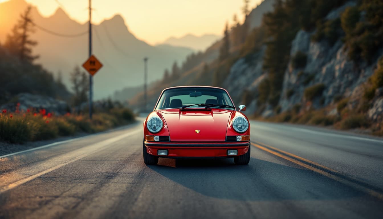 Klassischer Porsche 911 in Guards Red auf einer Landstraße, Frontansicht