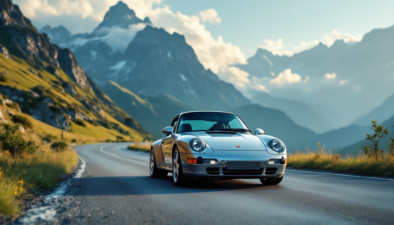 Klassischer Porsche 911 993 auf einer Bergstraße in alpiner Landschaft
