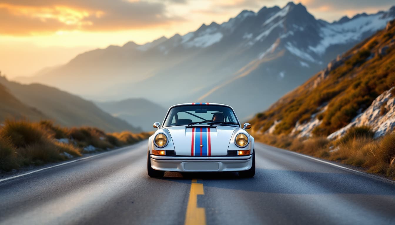 Porsche 911 Carrera RS 2.7 in Weiß mit roten und blauen Streifen und Entenbürzel auf einer Alpenstraße, ohne Kennzeichen