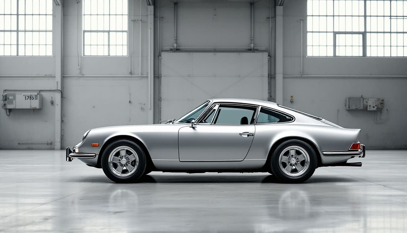 Klassischer luftgekühlter Porsche 911 in Silber im Seitenprofil in einer Entwicklungswerkstatt