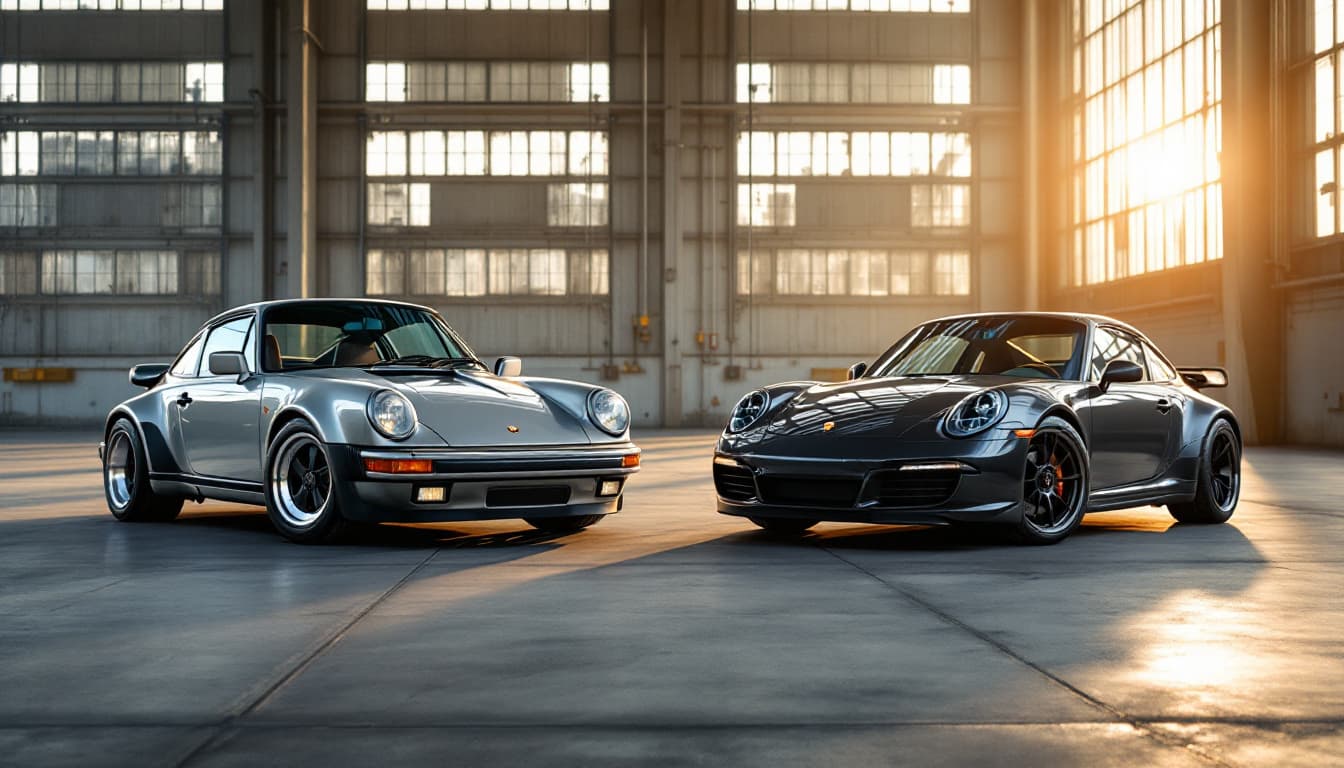 Klassischer luftgekühlter Porsche 911 und moderner Porsche 911 nebeneinander in einer lichtdurchfluteten Industriehalle