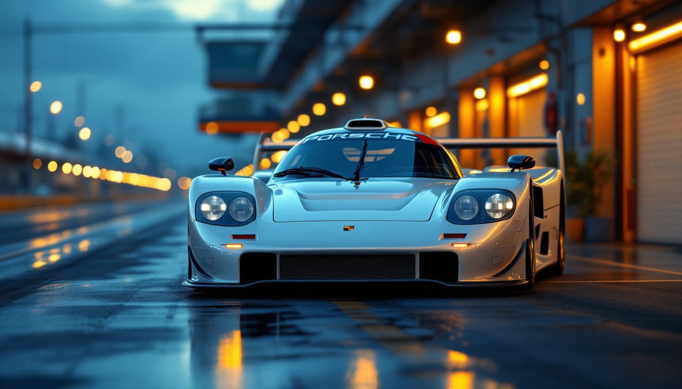 Porsche 911 GT1 Straßenversion in Silberweiß in einer leeren Boxengasse zur blauen Stunde