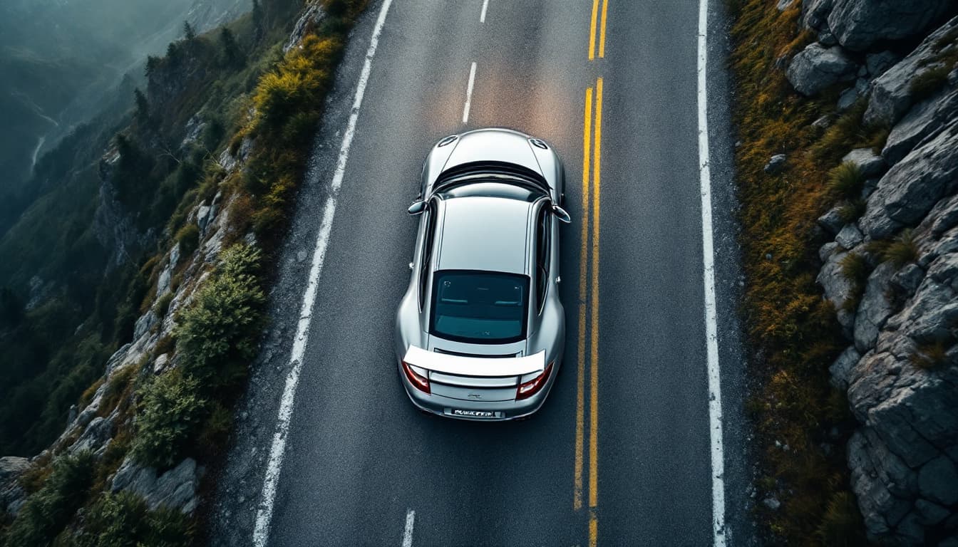 Porsche 911 GT3 997 in GT-Silber, Drohnenaufnahme von oben auf Alpenstraße, ohne Kennzeichen