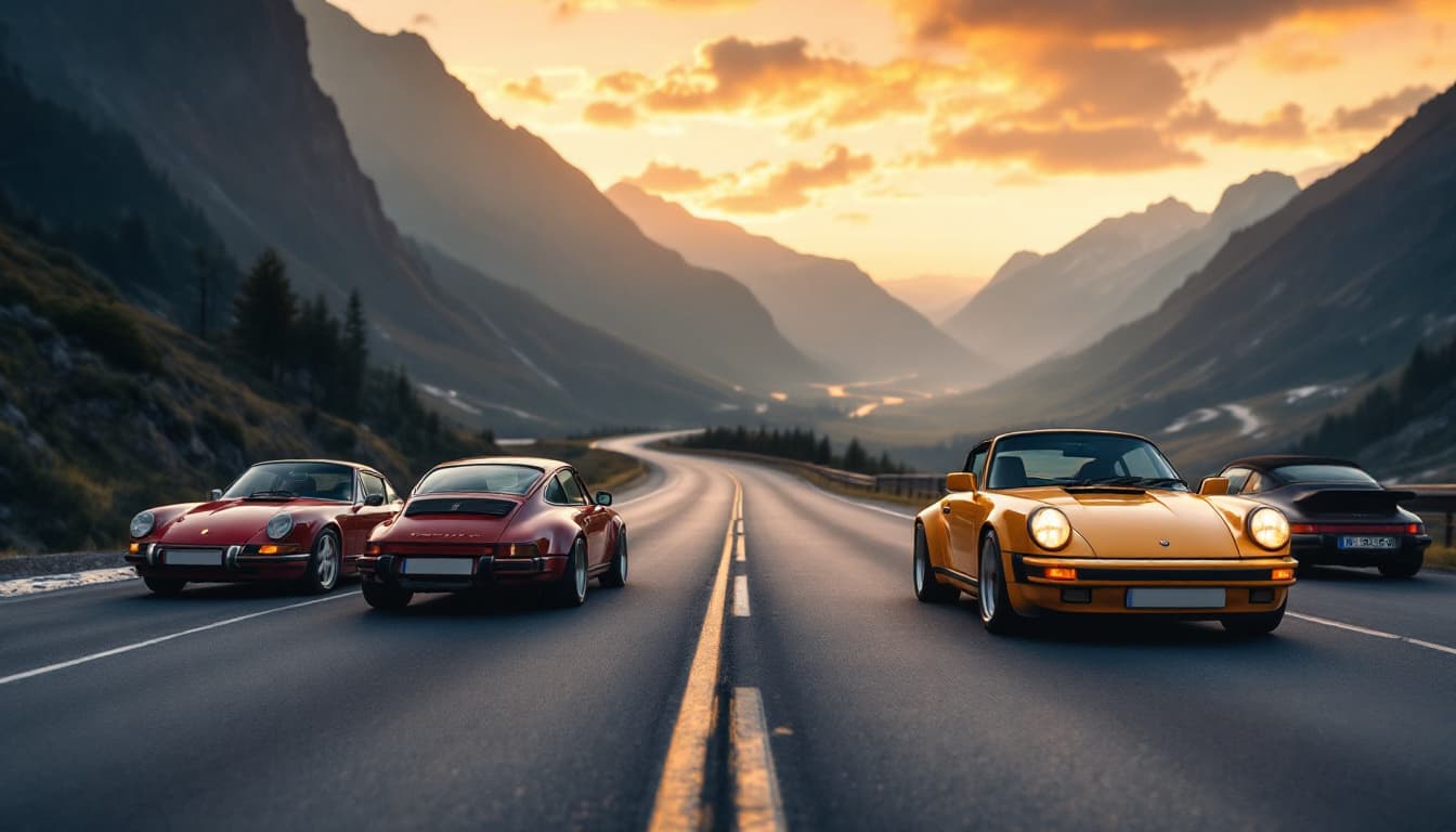 Vier ikonische Porsche 911 Generationen auf einem Bergpass bei goldenem Abendlicht, ohne Kennzeichen