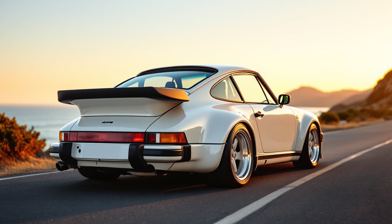 Porsche 911 Turbo 930 in Weiß mit Whaletail-Heckspoiler und verbreiterten Kotflügeln auf einer Küstenstraße im Abendlicht