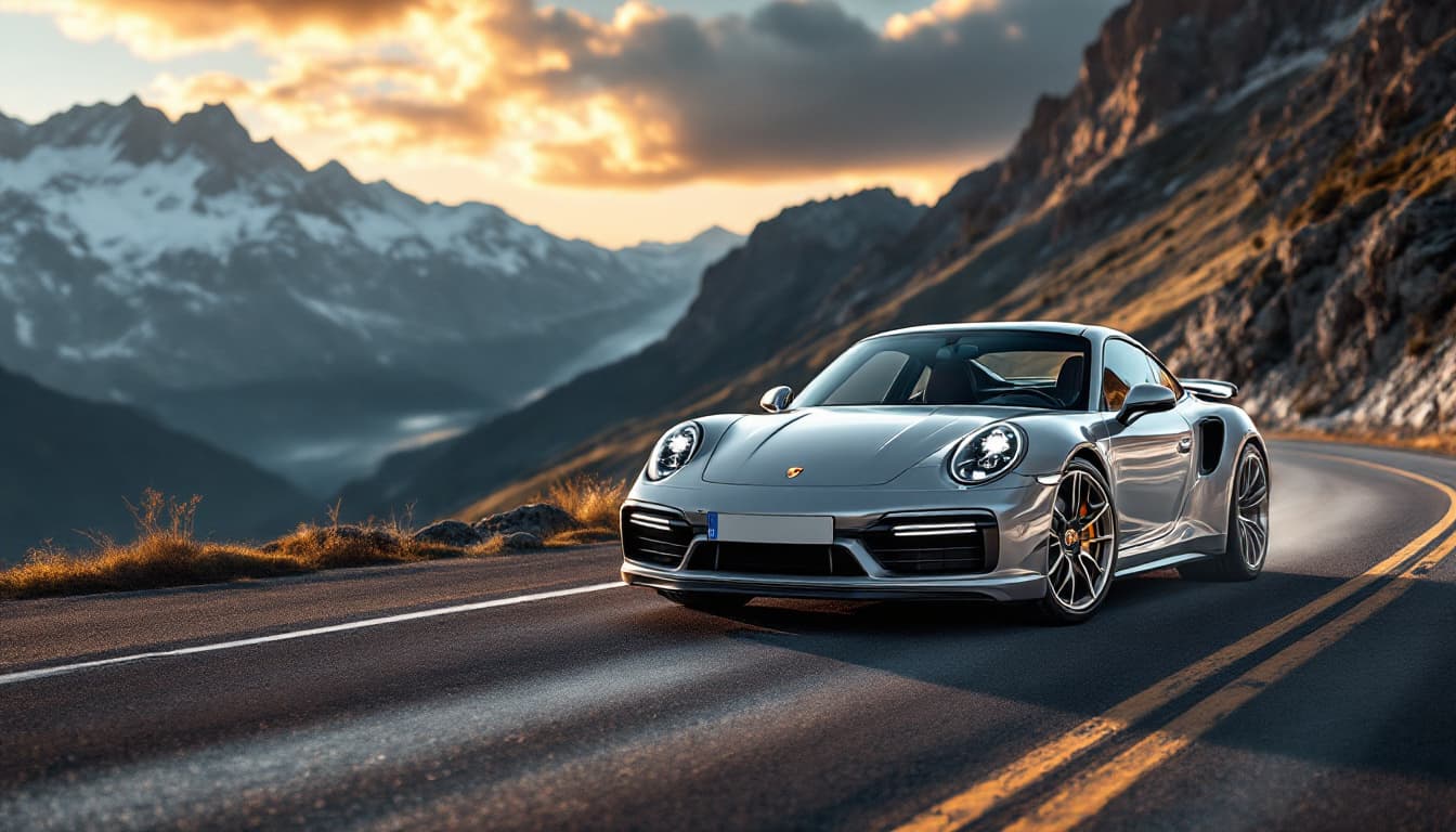 Porsche 911 Turbo 991.2 in GT-Silber auf einer Bergstraße im goldenen Abendlicht