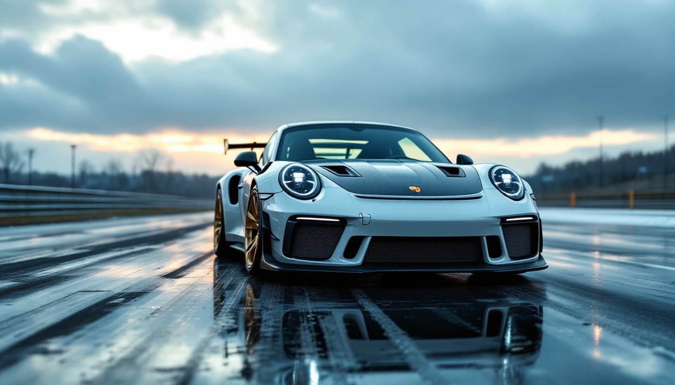 Porsche 911 GT2 RS in Weiß mit Carbon-Motorhaube, Heckflügel und goldenen Magnesiumrädern auf nasser Rennstrecke im Morgenlicht