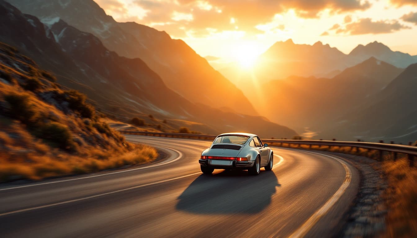 Klassischer Porsche 911 Carrera in Silber auf einer Alpenstraße bei Sonnenuntergang, ohne Kennzeichen