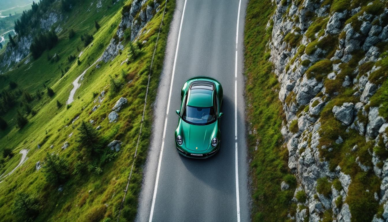 Porsche 911 Carrera 992 in Aventuringrün, Drohnenaufnahme von oben auf Alpenstraße, ohne Kennzeichen