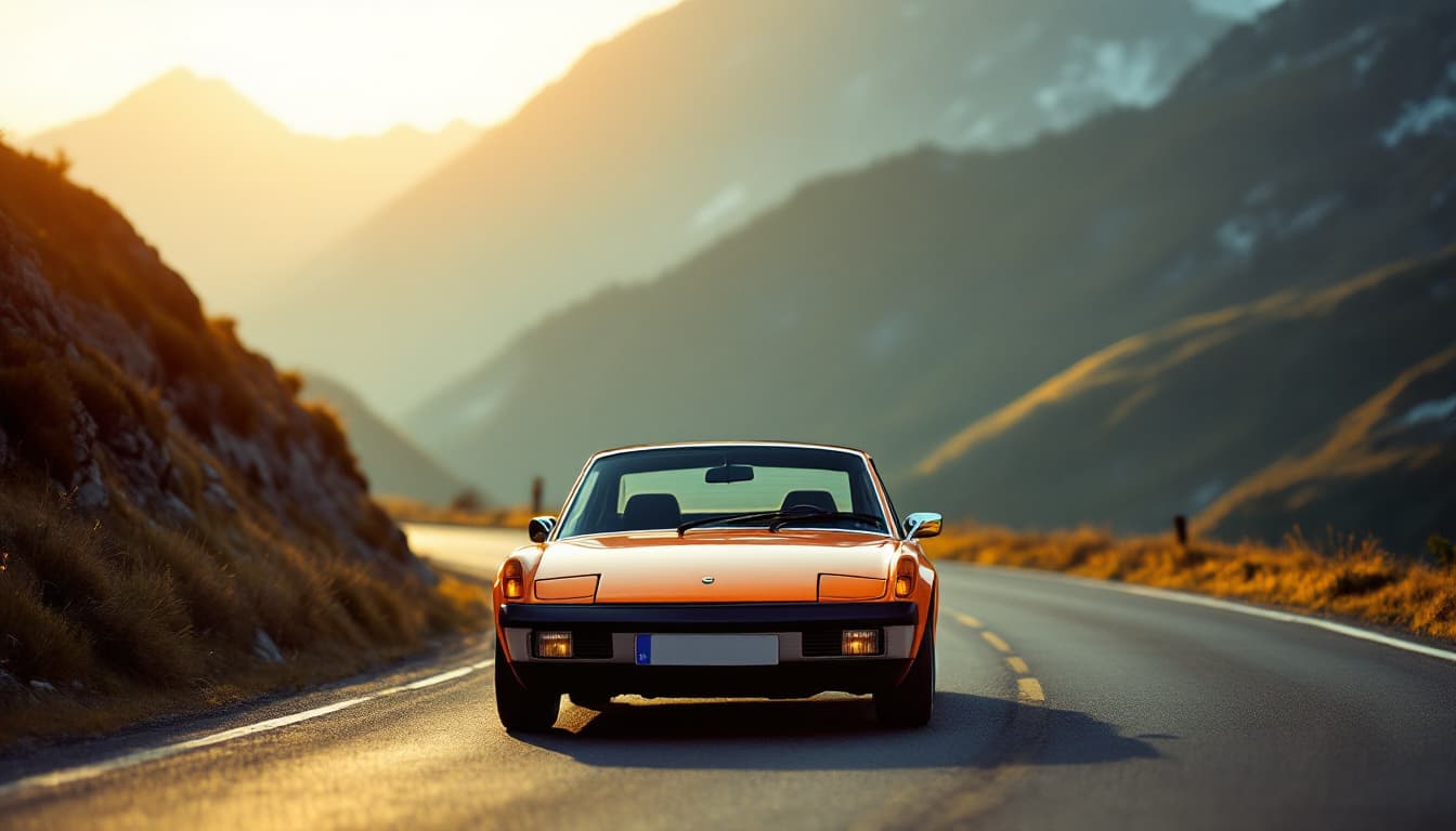 Porsche 914/6 in Signal-Orange auf einer Bergstraße in den Alpen, Dreiviertel-Frontansicht ohne Kennzeichen