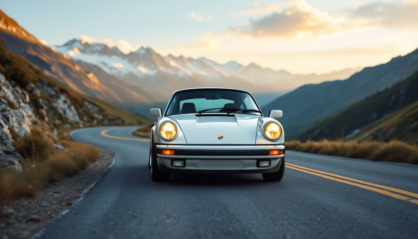 Porsche 911 Carrera 3.2 G-Modell in Grand Prix Weiß, Dreiviertel-Frontansicht auf kurvenreicher Alpenstraße ohne Kennzeichen